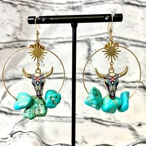 Turquoise Nugget Gold Hoop Earrings with Cow Skull